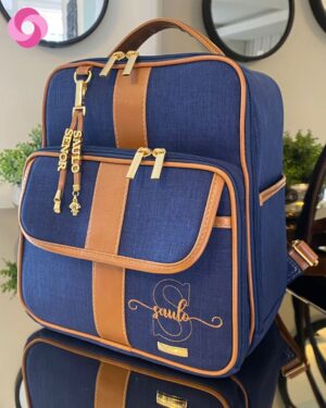 Mochila Londres – Linho Azul Marinho + Caramelo