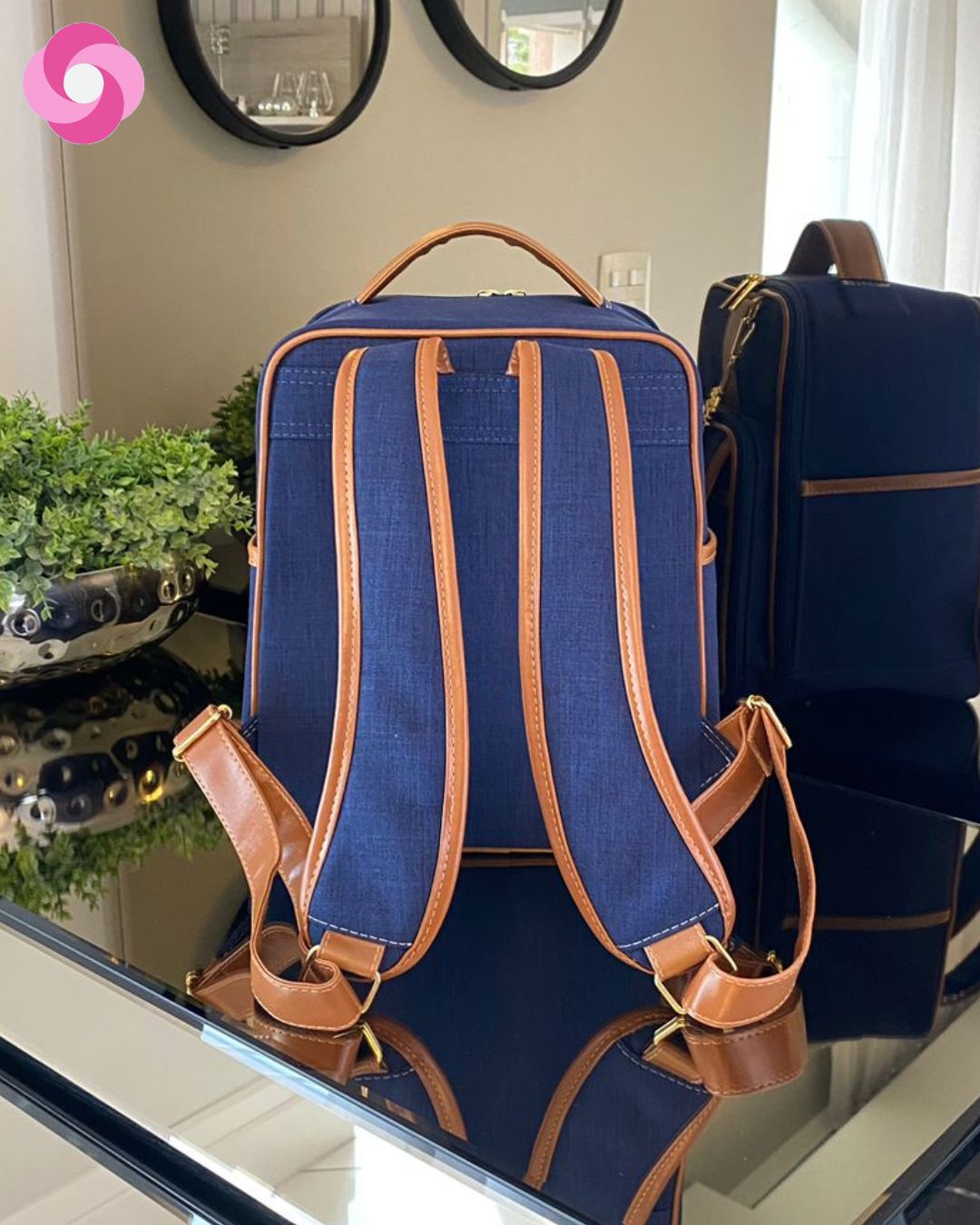 Mochila Londres - Linho Azul Marinho + Caramelo - Imagem 3