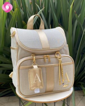 Mochila maternidade alças fixas – Linho Cru + Dourado