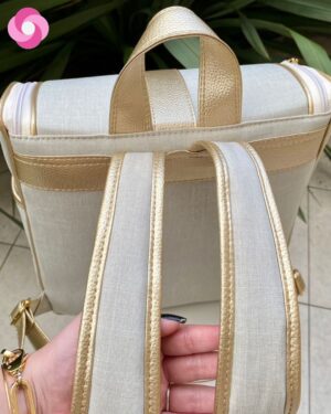 Mochila maternidade alças fixas – Linho Cru + Dourado