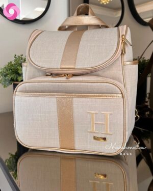 Mochila maternidade alças fixas – Linho Cru + Dourado