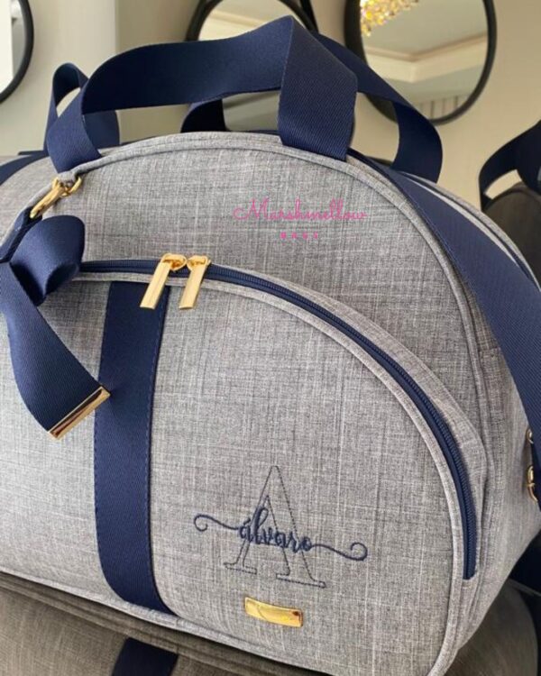 Bolsa Clássica G - Linho cinza + fita azul marinho - Imagem 2