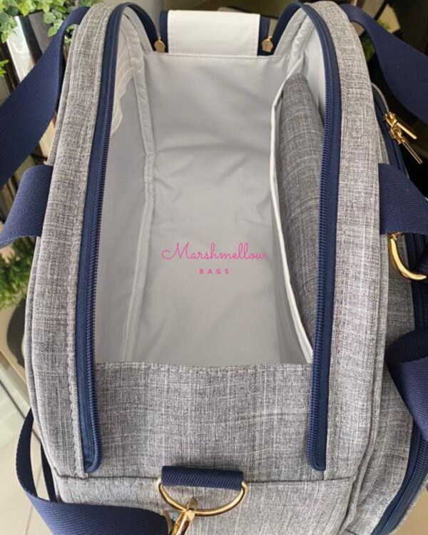 Bolsa Clássica G - Linho cinza + fita azul marinho - Imagem 4