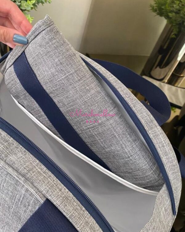 Bolsa Clássica G - Linho cinza + fita azul marinho - Imagem 5