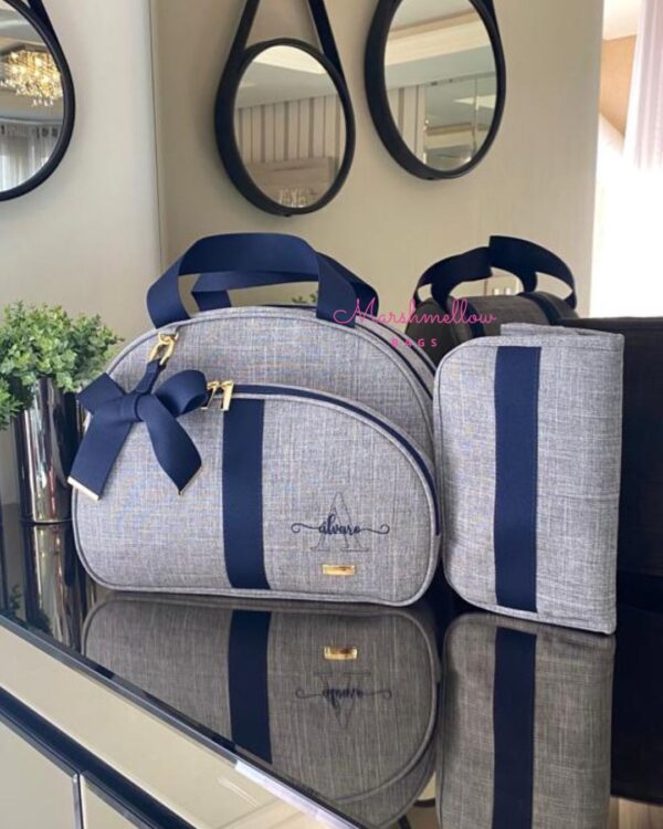Bolsa Clássica G - Linho cinza + fita azul marinho