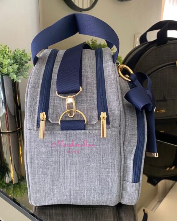 Bolsa Clássica G - Linho cinza + fita azul marinho - Imagem 3