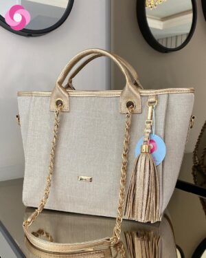 Bolsa maternidade Charlotte – Linho Cru + Dourado