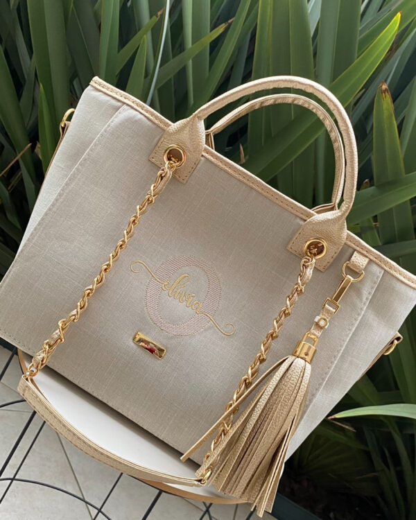 Bolsa Charlotte - Linho bege cru + dourado - Imagem 4