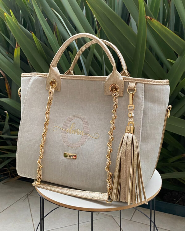 Bolsa Charlotte - Linho bege cru + dourado