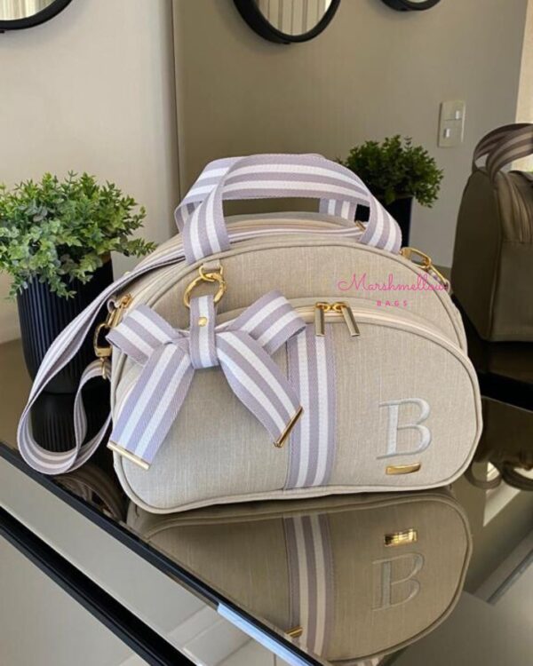 Bolsa Clássica M - Linho bege cru + fitas cinza com branco