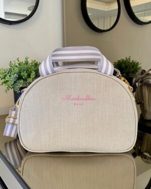 Bolsa Clássica M – Linho bege cru + fitas cinza com branco