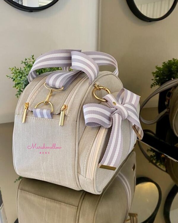 Bolsa Clássica M - Linho bege cru + fitas cinza com branco - Imagem 3