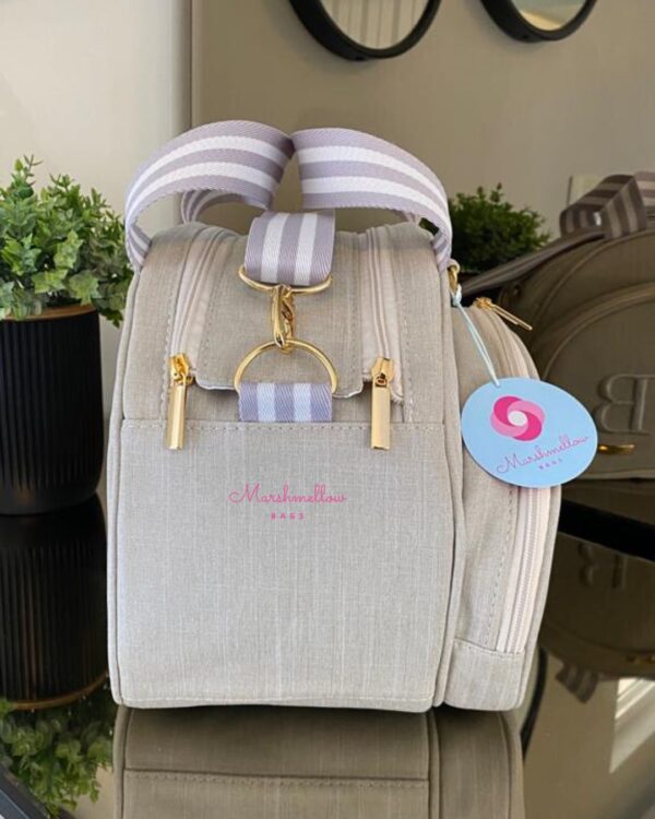 Bolsa Clássica M - Linho bege cru + fitas cinza com branco - Imagem 5