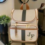 Mochila 2 em 1 alças fixas - Linho bege cru + caramelo + verde
