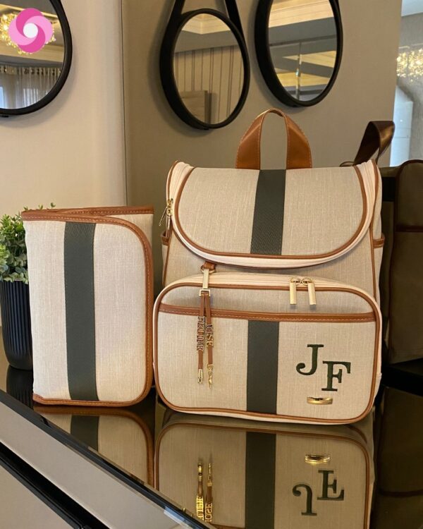 Mochila 2 em 1 alças fixas - Linho bege cru + caramelo + verde - Imagem 3