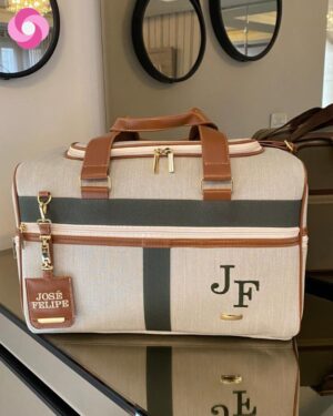 Mala Madison – Linho cru + caramelo + verde