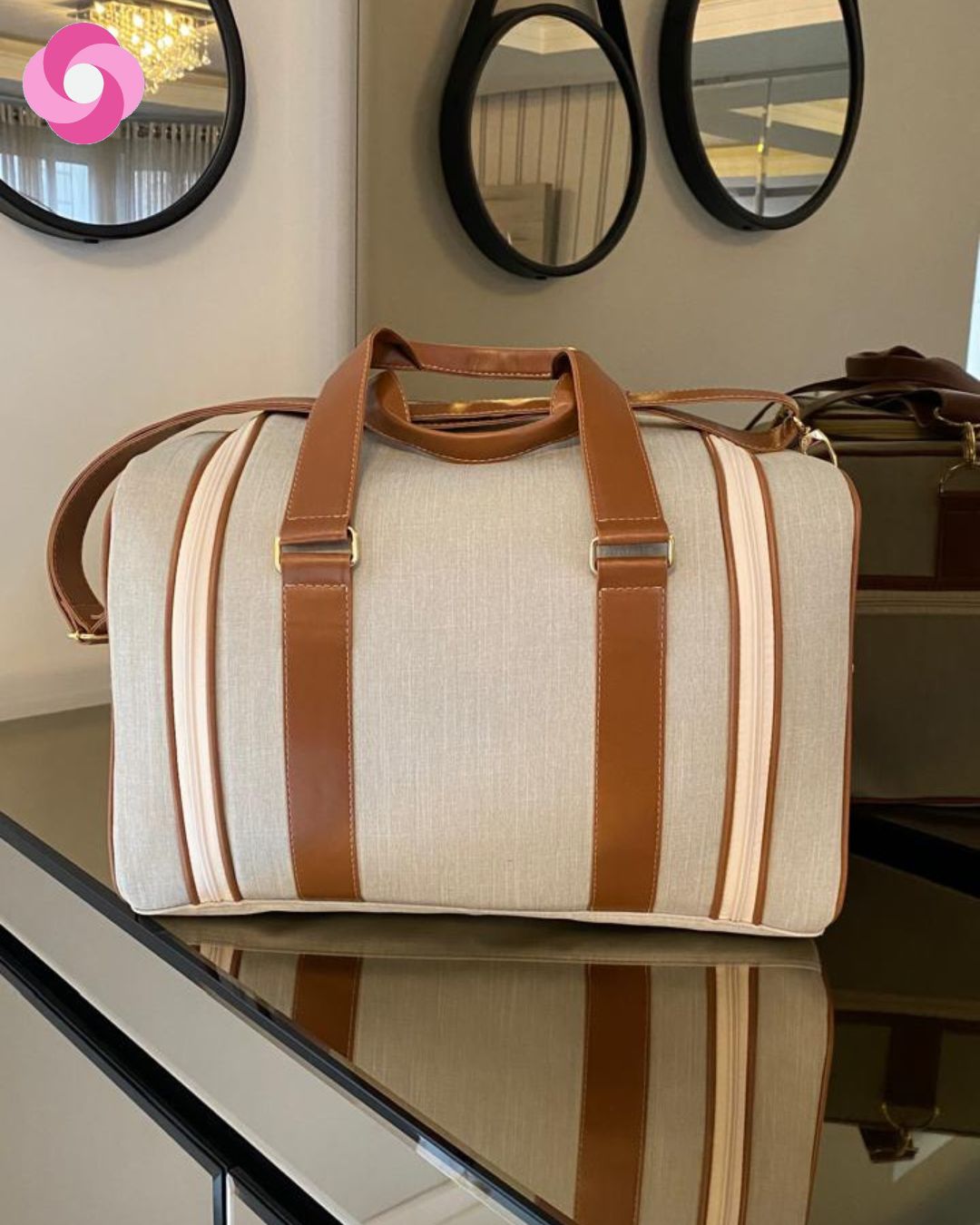 Mala Madison - Linho cru + caramelo + verde - Imagem 3