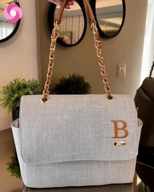 Bolsa Vegas – Linho Cinza + Caramelo