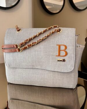 Bolsa Vegas – Linho Cinza + Caramelo