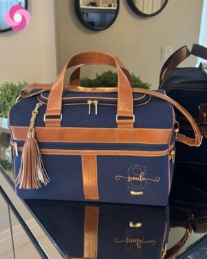 Mala Madison – Linho azul marinho + caramelo